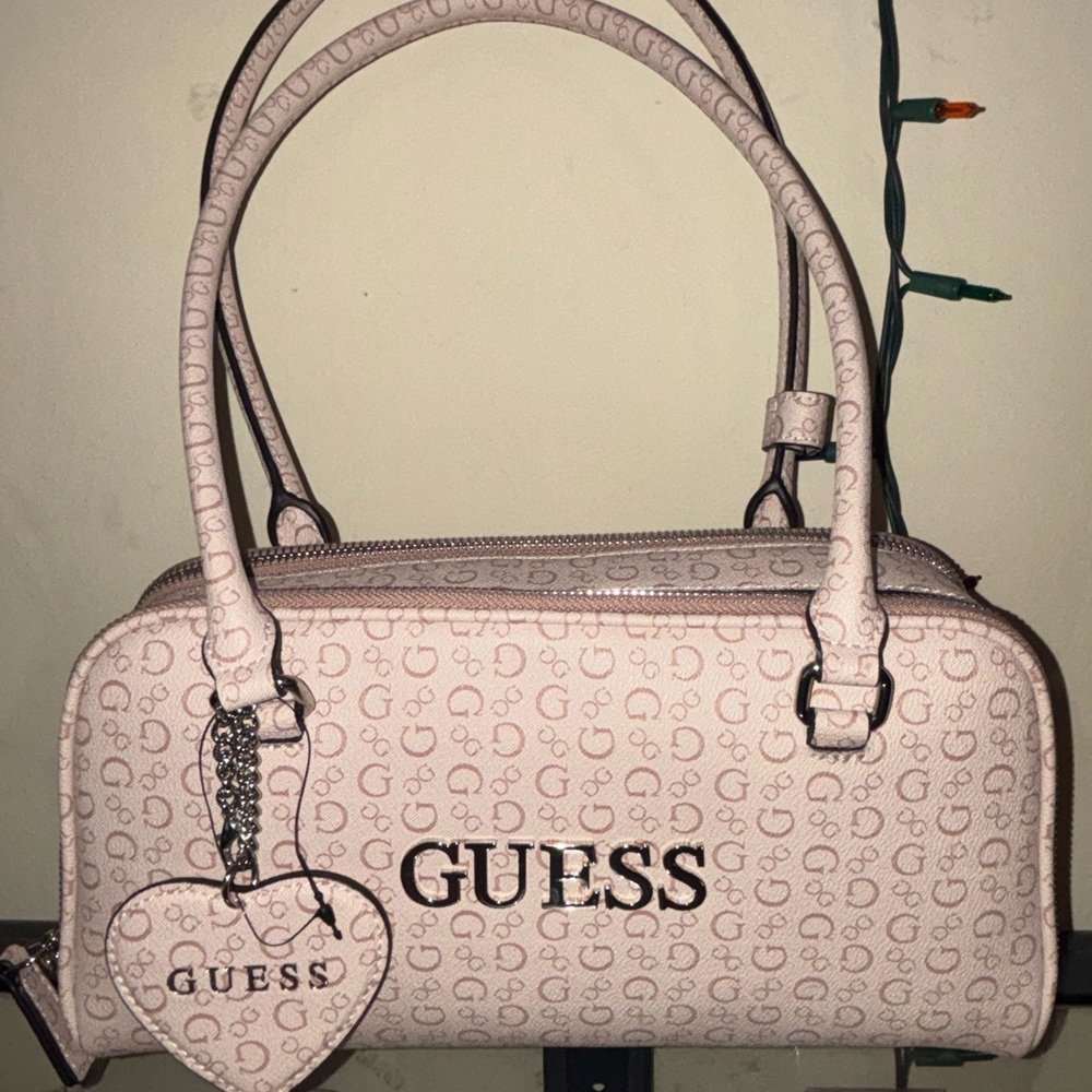 GUESS Light Pink Logo-Print Satchel with Heart Charm